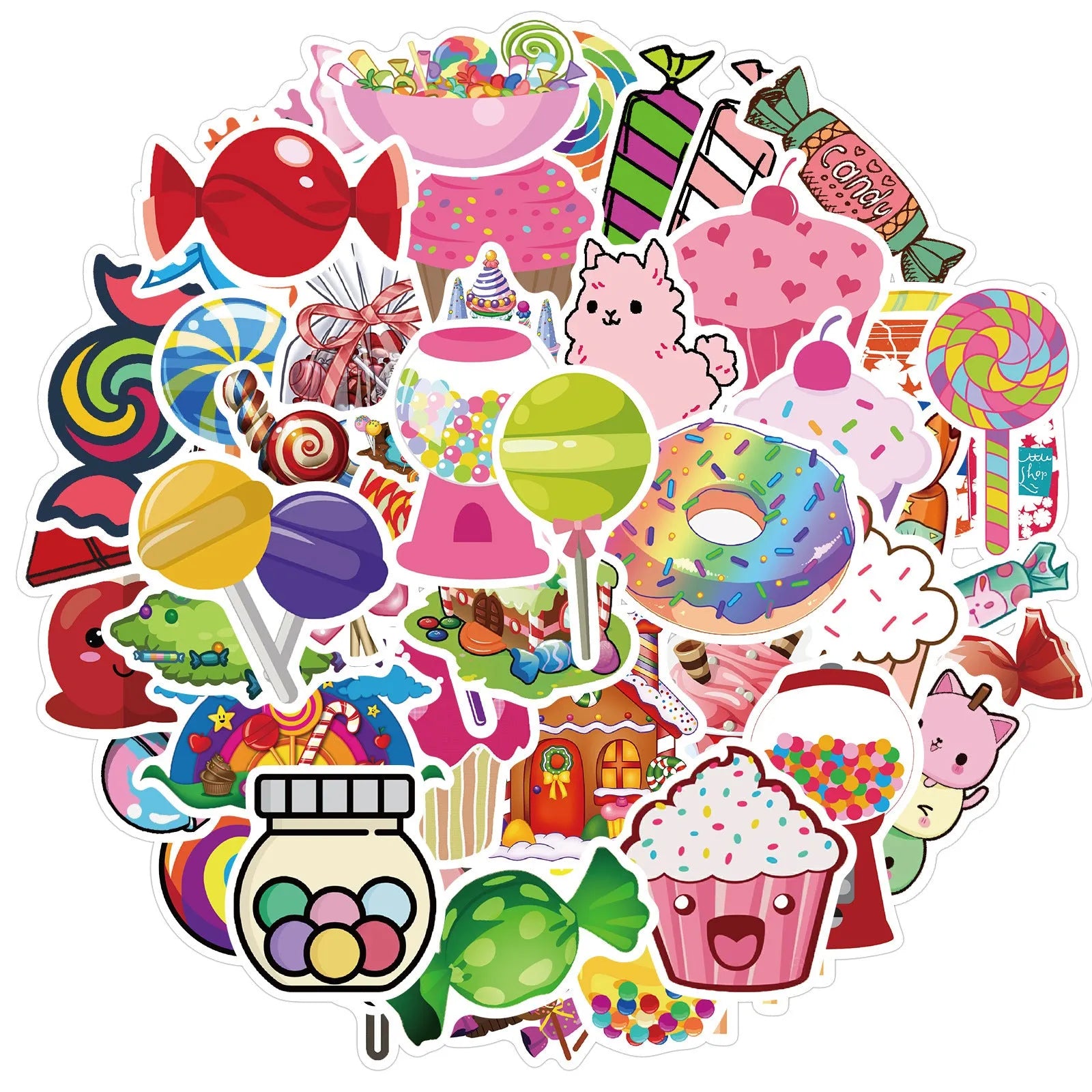 Pink pack of 50 colourful Candy series graffiti stickers with cartoon patterns, each sticker 4-6cm long.