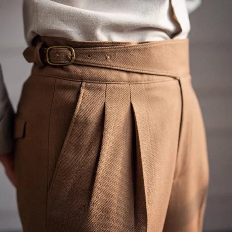 Men's high waist straight-leg casual trousers in black polyester fabric laid flat.