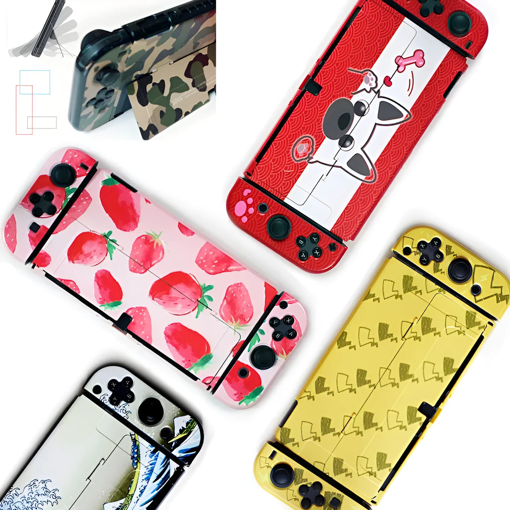 PC hard case for Nintendo Switch OLED with cartoon crystal pattern, showing front and back protection