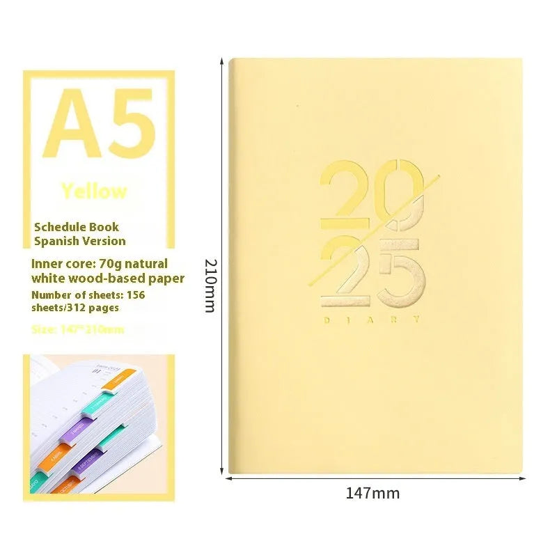2025 A5 daily plan schedule book with soft faux leather cover in blue, pink, yellow, purple and green