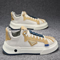 Men's beige and black low-top sneakers with elastic band and mesh lining