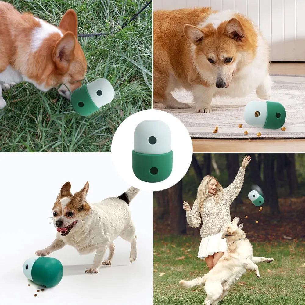 White and blue food-grade silicone dog treat puzzle ball measuring 8cm by 11cm