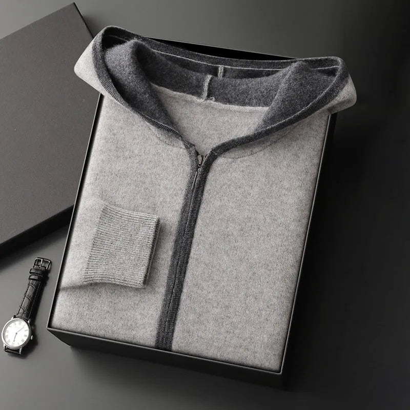 Casual zip-up hooded cashmere cardigan sweater in light gray, loose fit, thickened knit, youth styling