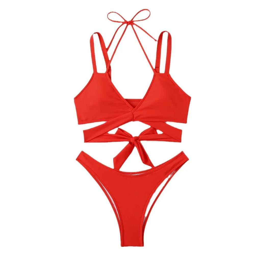 Solid colour strappy women's bikini swimsuit with adjustable side ties and removable padded cups.