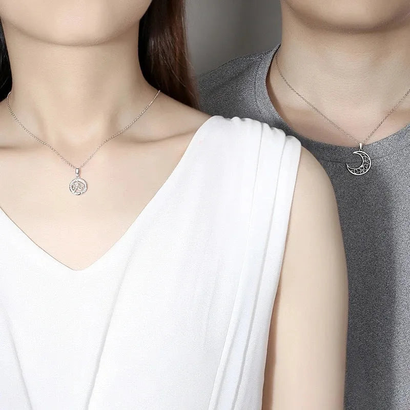 Sun moon tooth couple necklace with electroplated copper pendant and cross chain for men and women