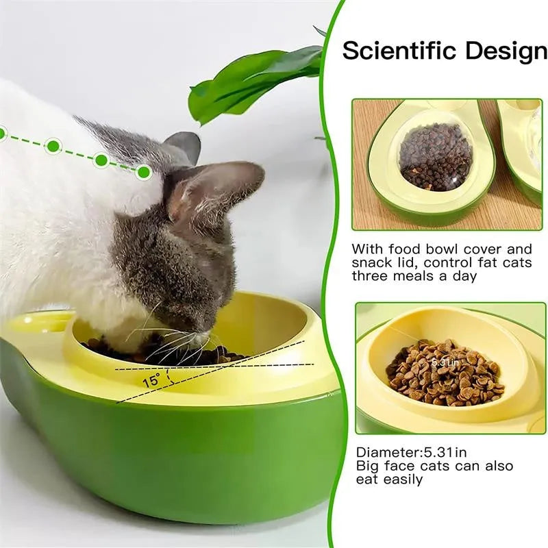 Avocado-shaped automatic water pet feeder with a green water reservoir and a pink slow food bowl on a white surface