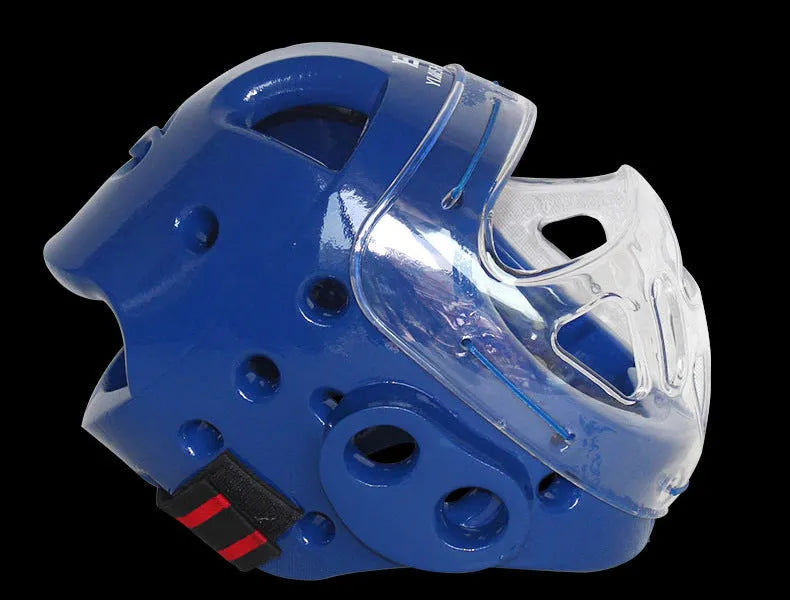 Karate helmet protective equipment for boxing in white, blue, or red colours available in S, M, L, XL sizes