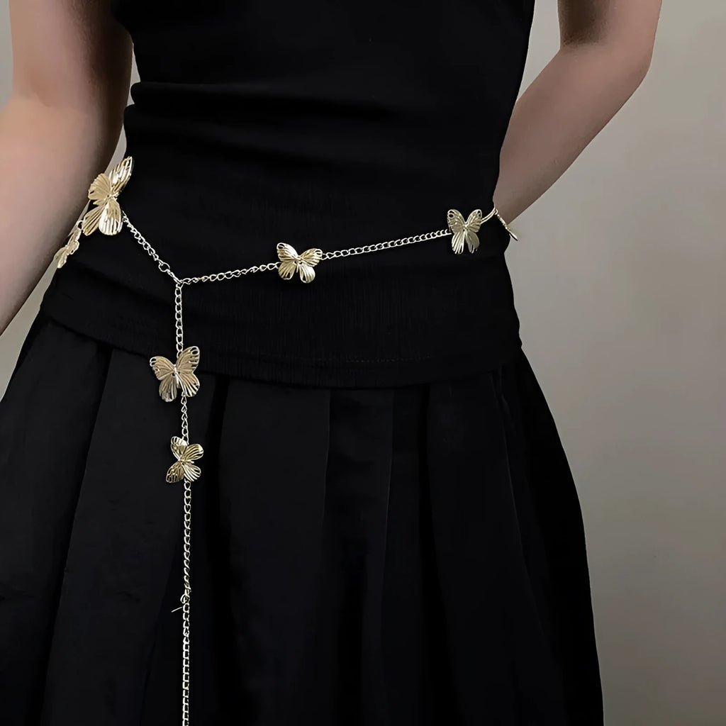 Gold or silver butterfly waist chain belt with 104cm length and single circle design