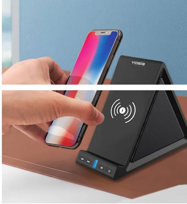 Black multifunctional Bluetooth speaker with integrated mobile phone stand and built-in 2000mAh power bank.