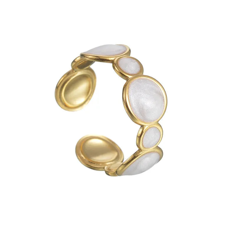 Geometric stainless steel ring with adjustable opening and electroplated finish