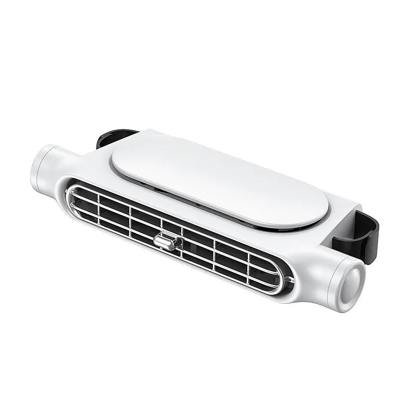 USB-powered car fan with Velcro strap, no-leaf blades, and brushless motor in beige colour on a car seat headrest.