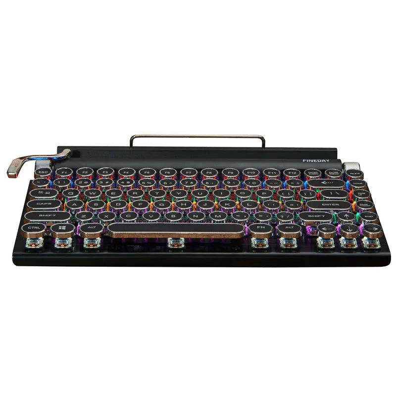 Black retro mechanical keyboard with backlit keys and Bluetooth wireless connectivity