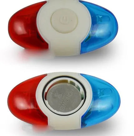 Red and blue LED tail light with adjustable mounting base showing horizontal and vertical positioning options