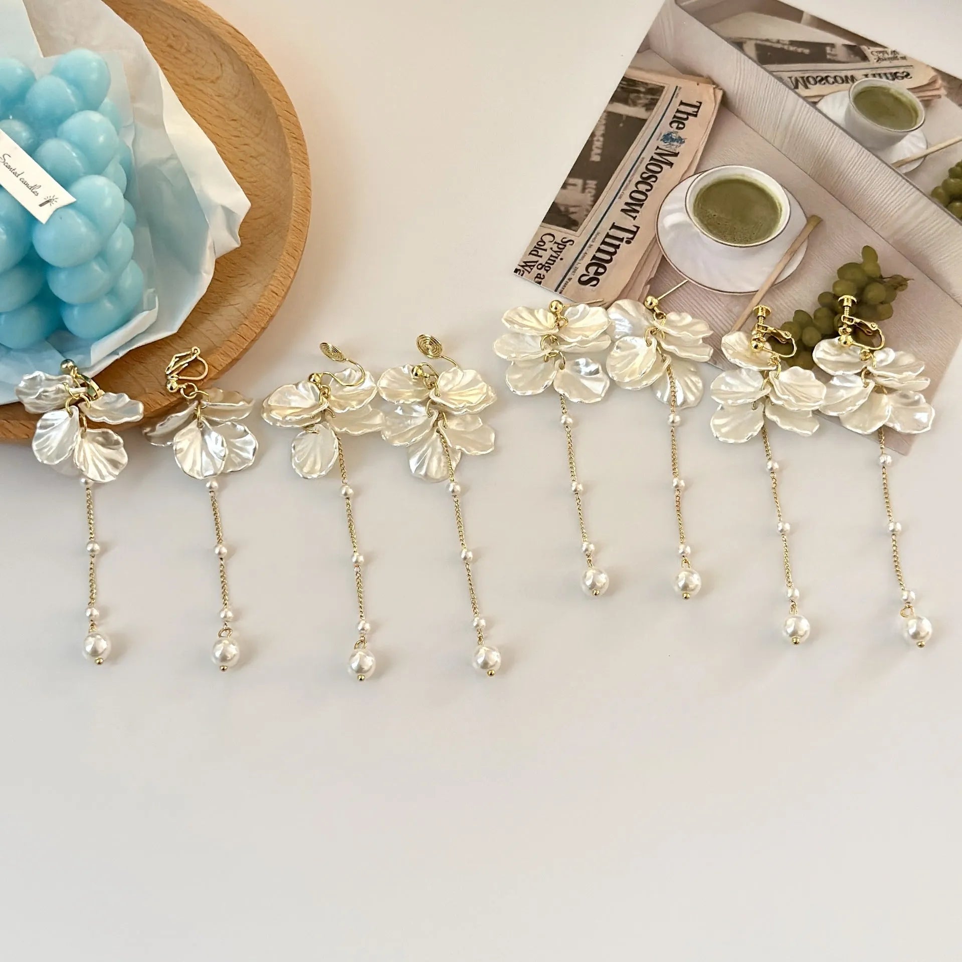 Women's acrylic shell pearl tassel earrings with 8.8cm length and four clip options