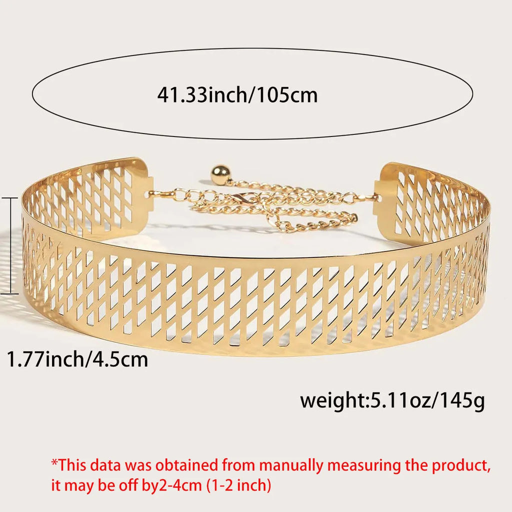 Golden lantern head punching net flower iron waist belt with alloy buckle, 105cm length, gold colour