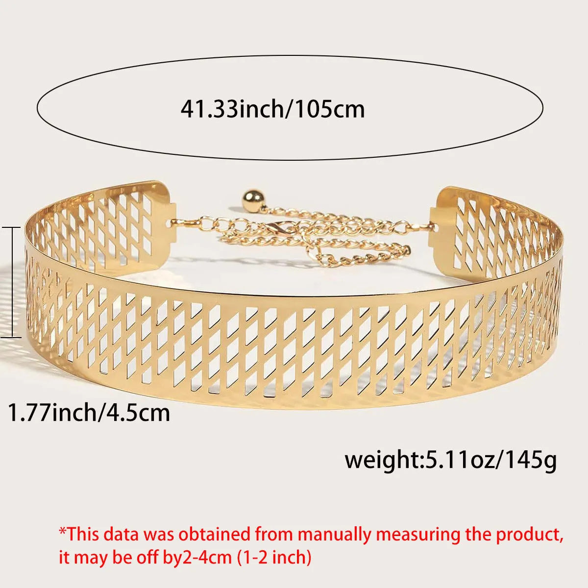 Golden lantern head punching net flower iron waist belt with alloy buckle, 105cm length, gold colour