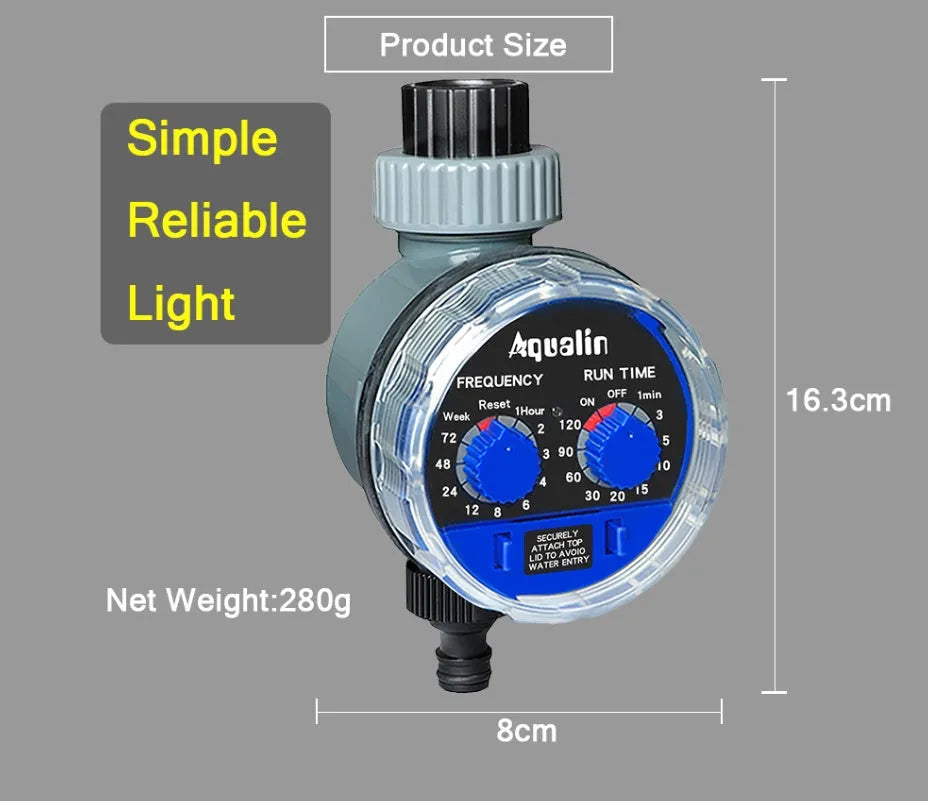 Automatic watering device timer attached to outdoor garden faucet with manual override button
