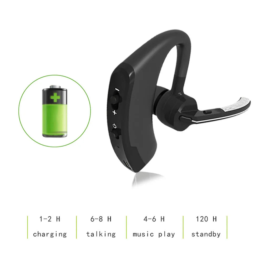 V9 Business Bluetooth headset with ear-bud showing dual phone connectivity and noise cancellation features