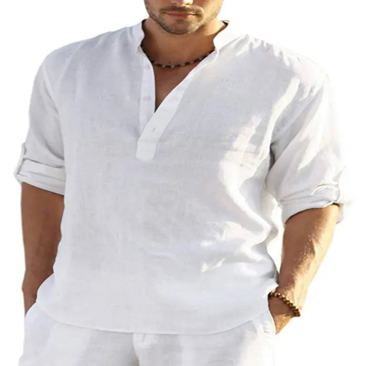 Men's casual cotton linen long sleeve shirt bundle in multiple colours with stand collar design