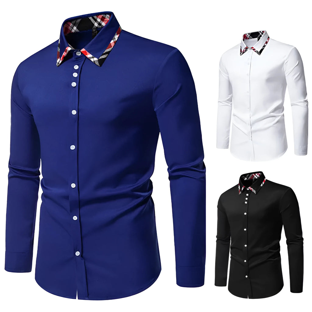 Men's plaid triangle collar shirt in polyester blend fabric available in multiple colours