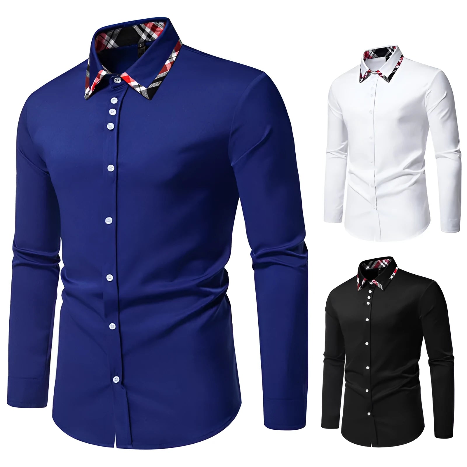 Men's plaid triangle collar shirt in polyester blend fabric available in multiple colours