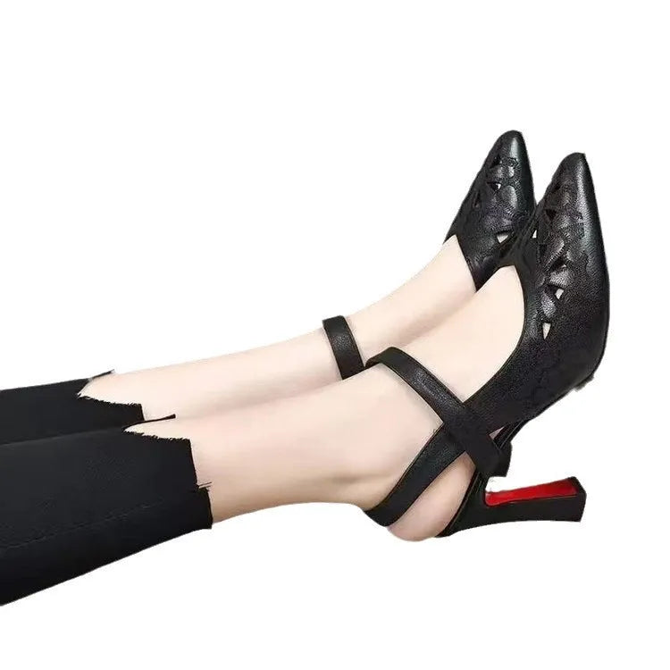 Fashion pointed toe sandals in beige with back empty design and hollowed toe box high heels