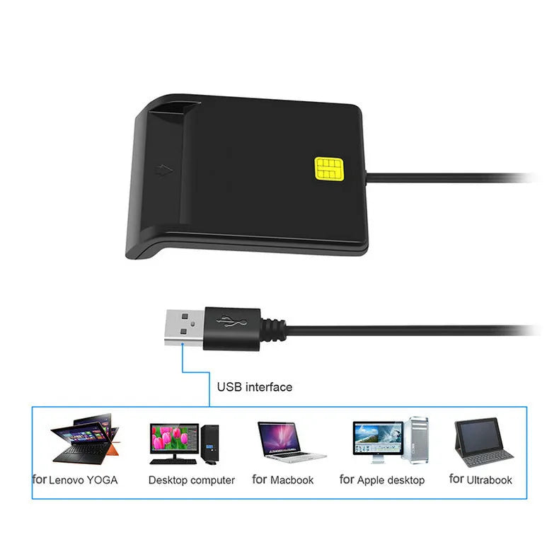 Black USB smart card reader for ID, SIM, CAC, and bank cards with ABS casing
