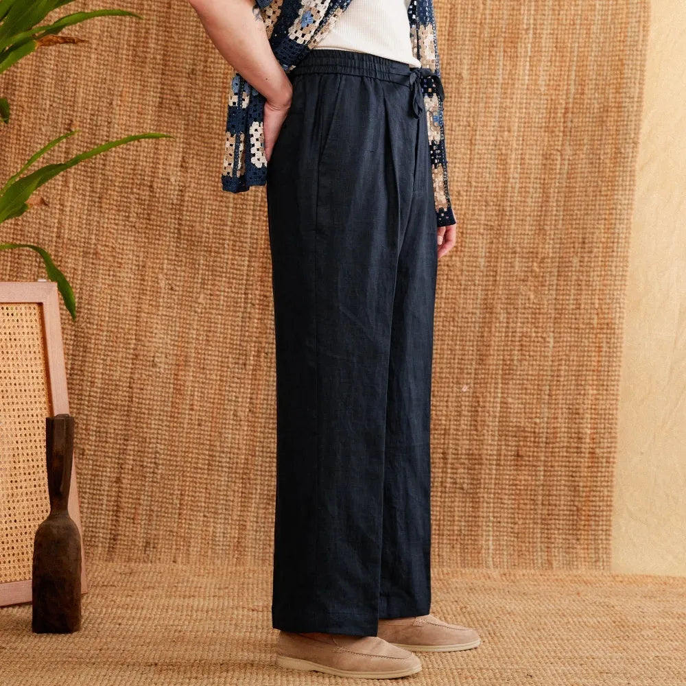 Linen straight-leg trousers with elasticated high waistband in greige colour