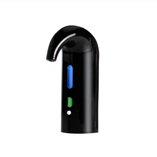 Portable electric wine pourer with black body, food-grade silicone catheter, and red light near a glass of red wine