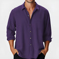 Men's loose fit long sleeve beach shirt with stand collar in a solid colour