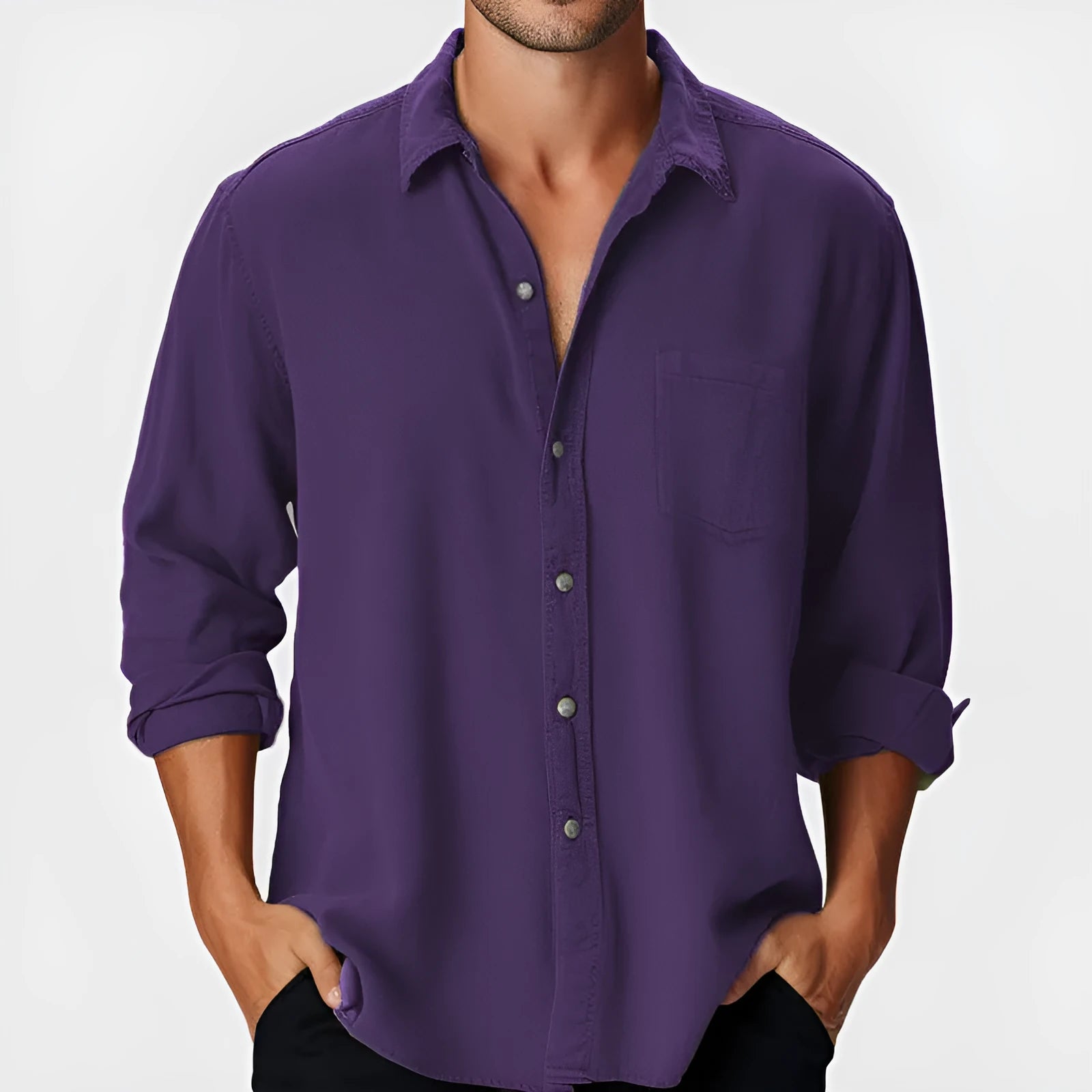 Men's loose fit long sleeve beach shirt with stand collar in a solid colour