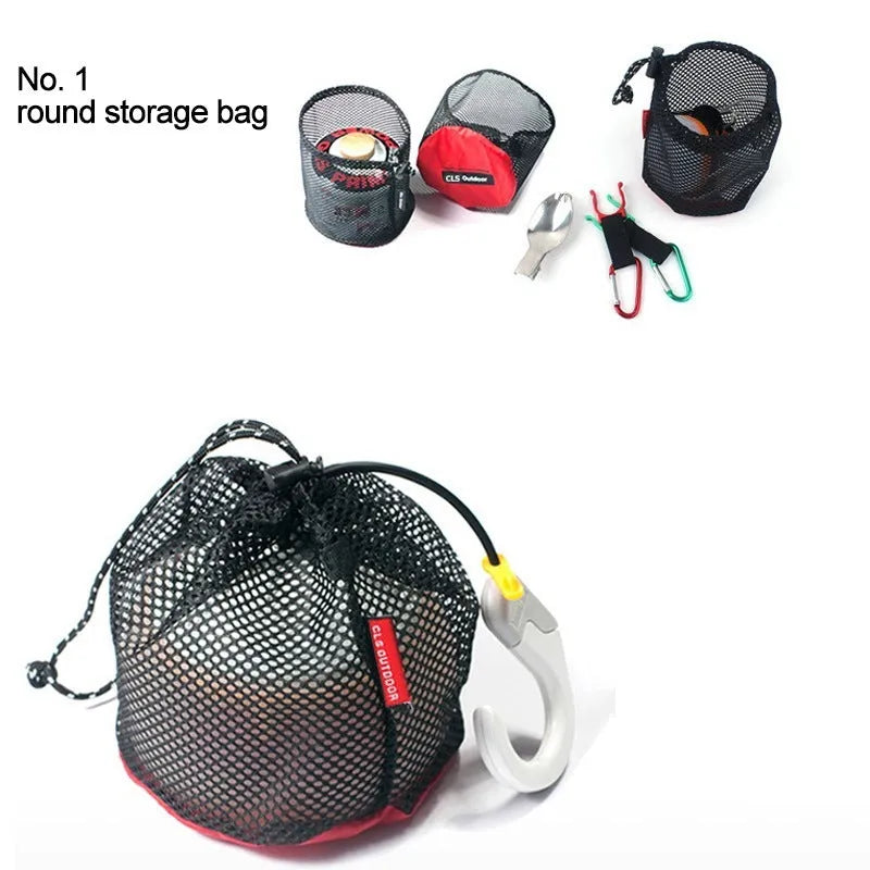 Five red outdoor storage bags with mesh panels and zipper closures for travel organisation