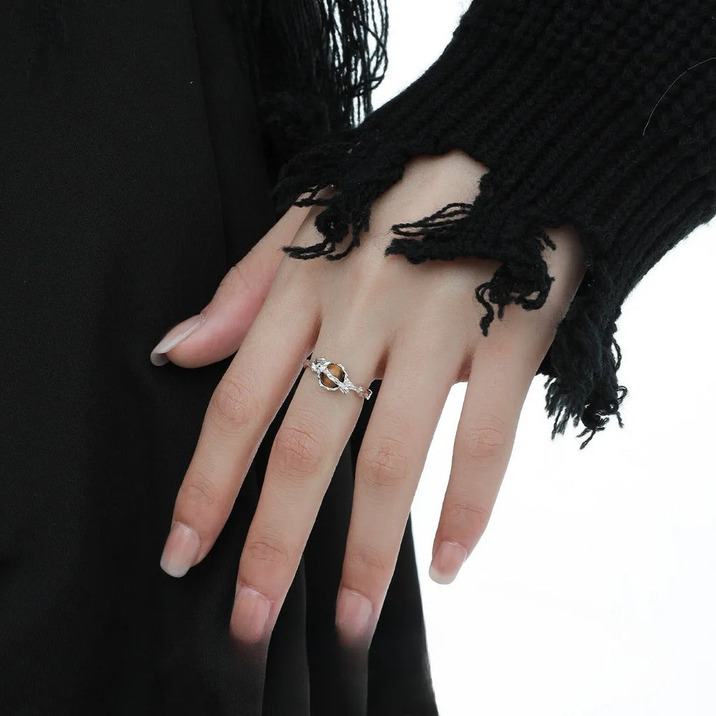 Adjustable Saturn and tigereye open ring in white gold colour electroplated silver