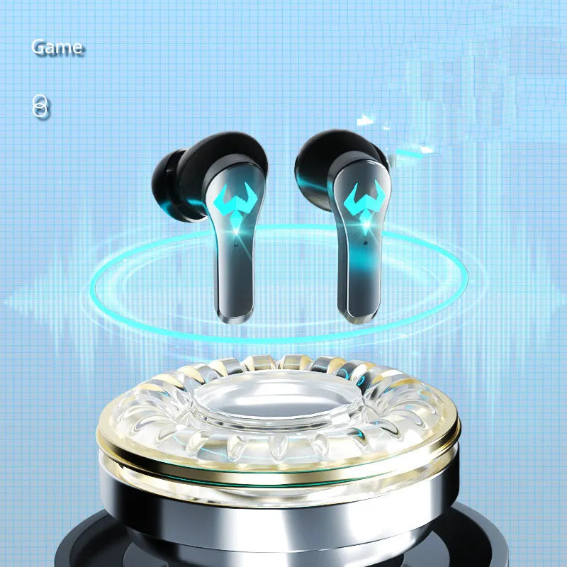 Black wireless in-ear noise-cancelling headphones for sports and gaming with Bluetooth 5.0.