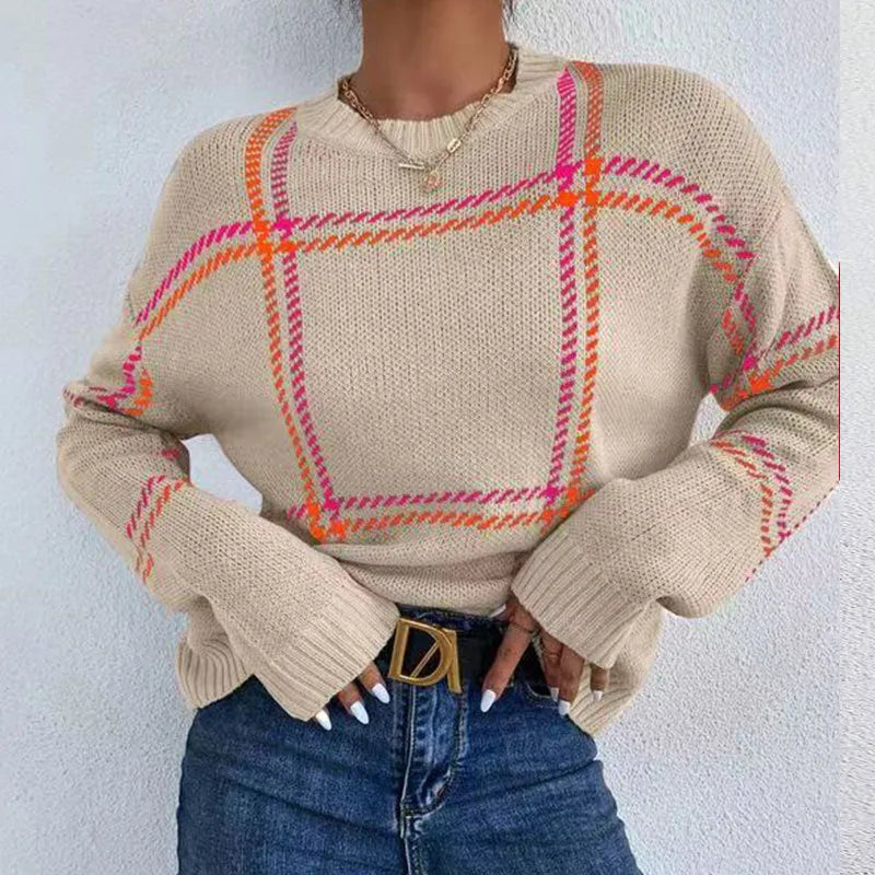 Women's plaid colour-block crew neck acrylic sweater in loose fit with striped pattern