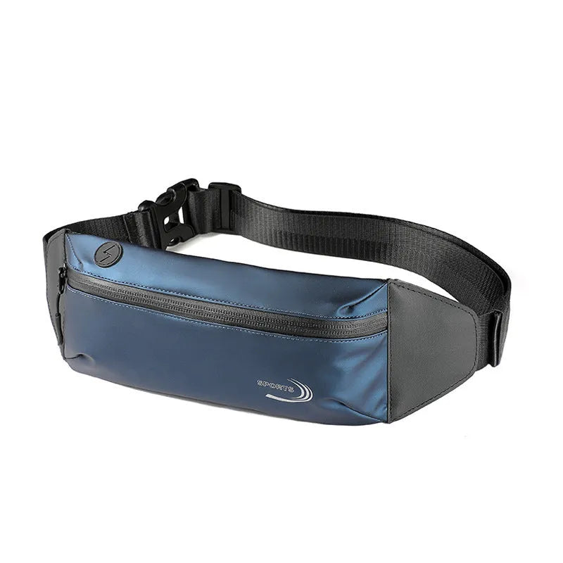 Men's black waterproof sports waist bag made from Derm Oxford polyester, shown from the side.
