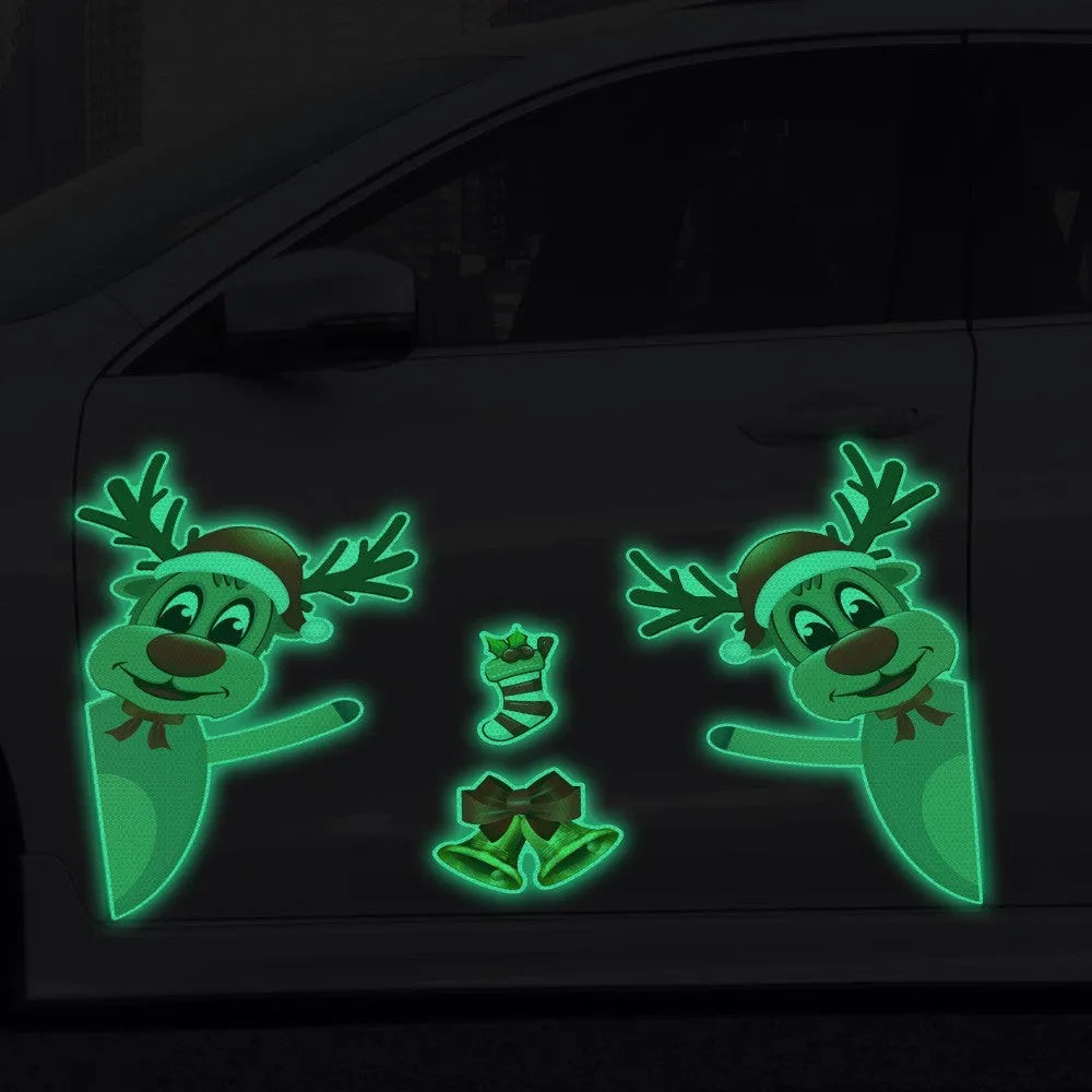 Cartoon-style Christmas elk magnetic bumper sticker with luminous reflective finish.