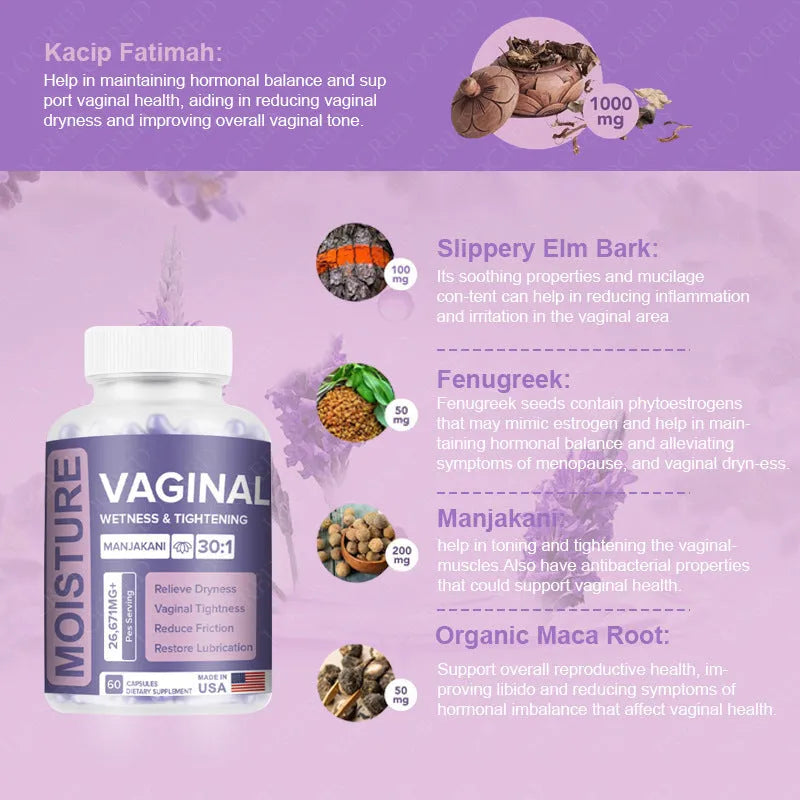 Bottle of 60 vaginal capsules for adult women's intimate care supplement.
