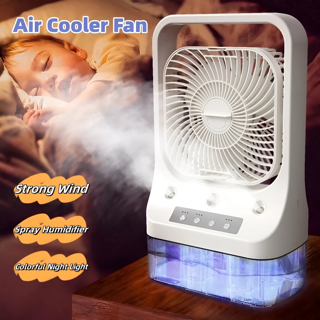 White USB rechargeable cooling fan with three spray nozzles, 270-degree adjustable head, and night light on a desk