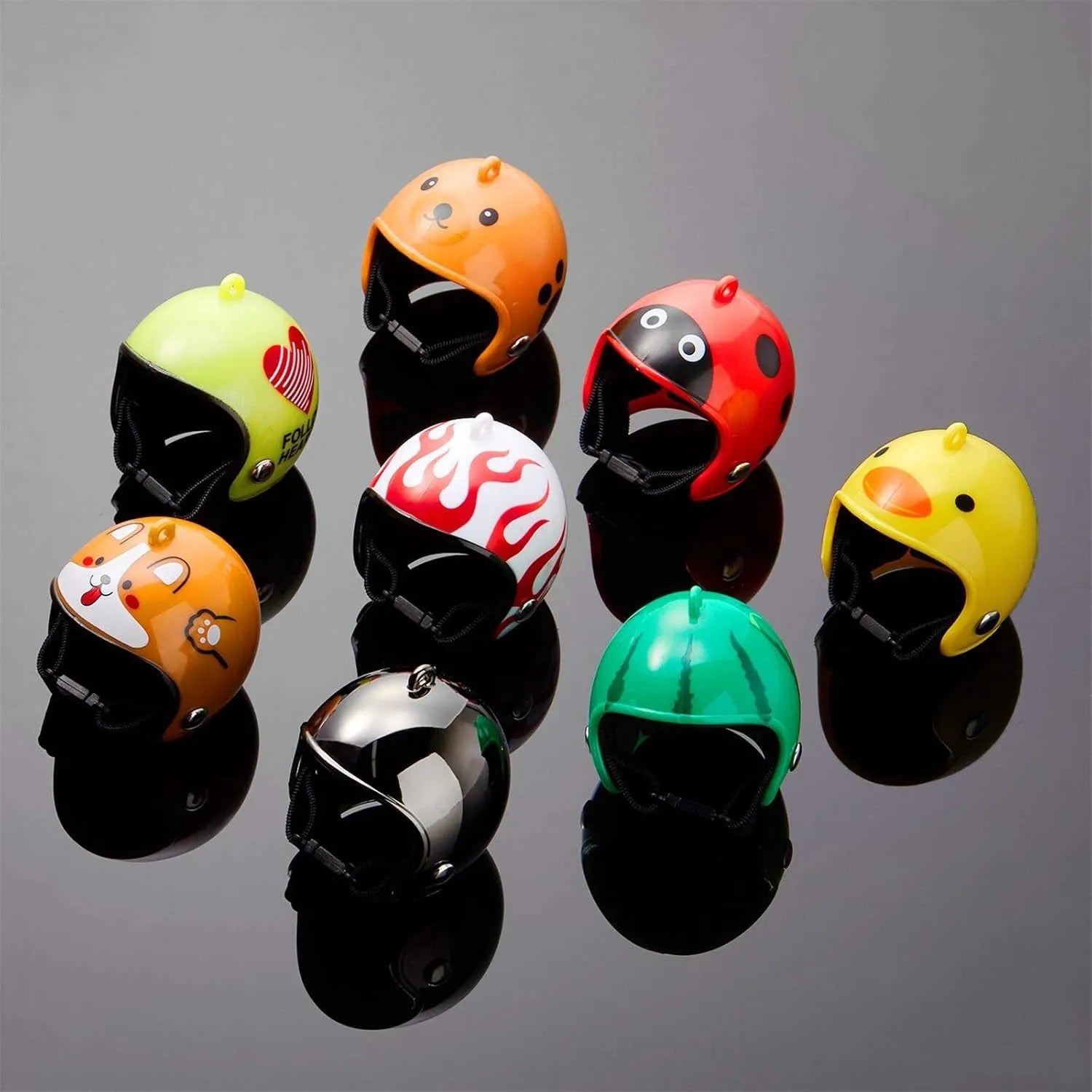Small hard plastic helmet for a chicken with an elastic band and a soft interior sponge lining.