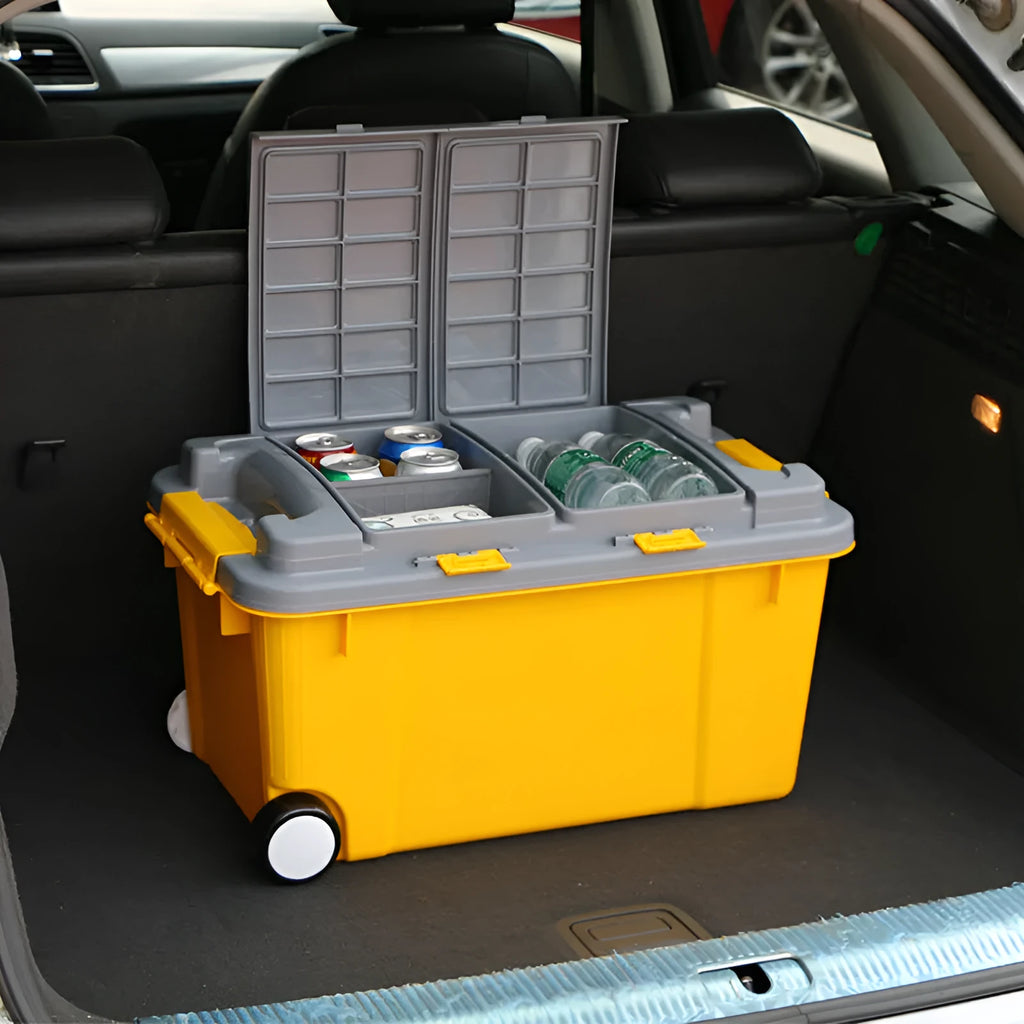 Large high-strength plastic storage box with trolley, 55L capacity, PP material, in upgraded sky blue