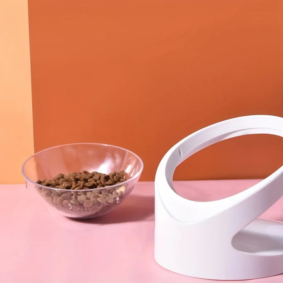 White clear plastic tilted cat food bowl for ergonomic feeding