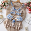 Light blue embroidered lace push-up bra and pants set with transparent mesh design