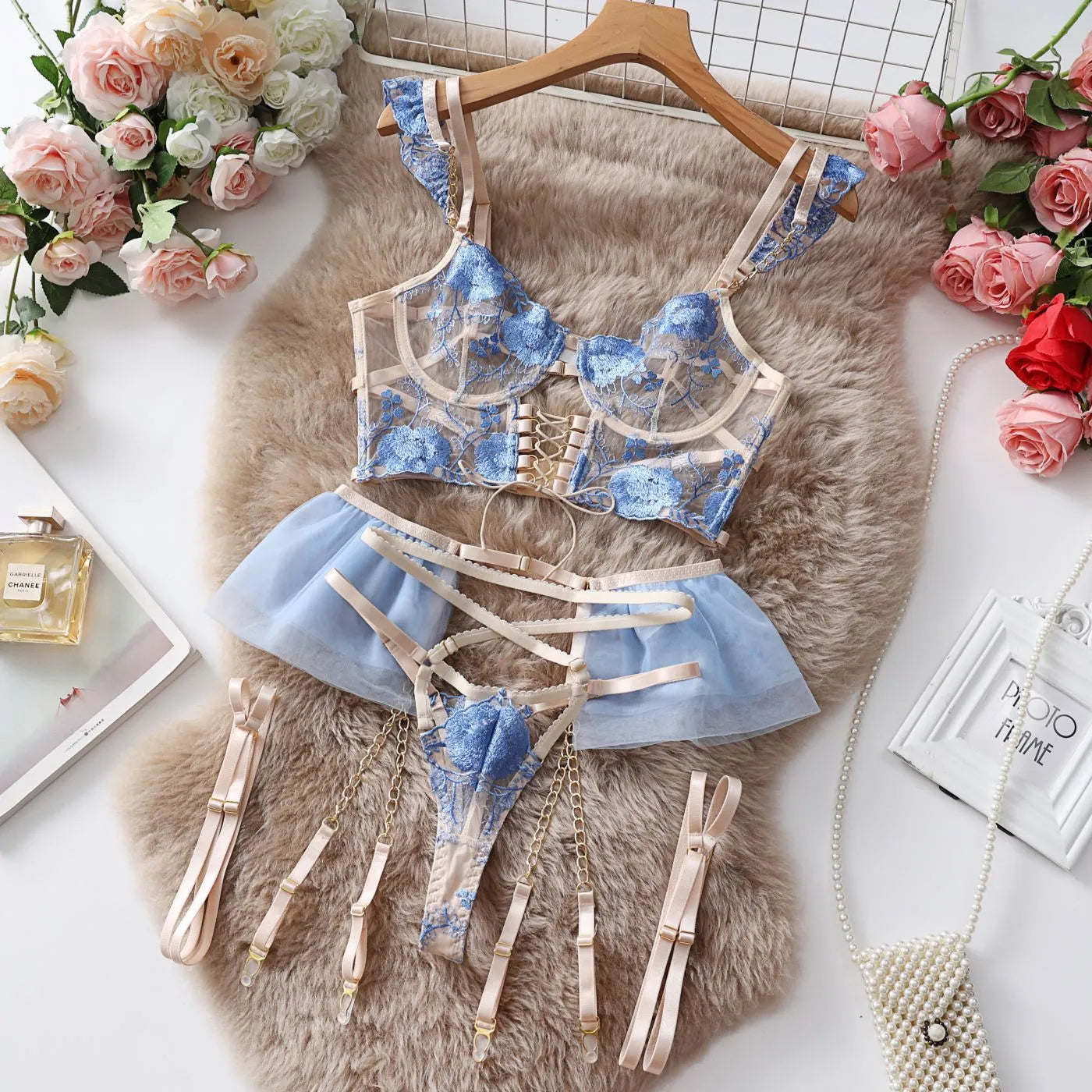 Light blue embroidered lace push-up bra and pants set with transparent mesh design