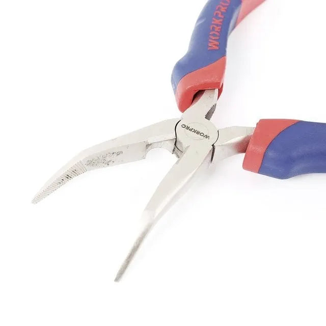 Double colour sleeve handle curved nose pliers in blue, steel construction, side view