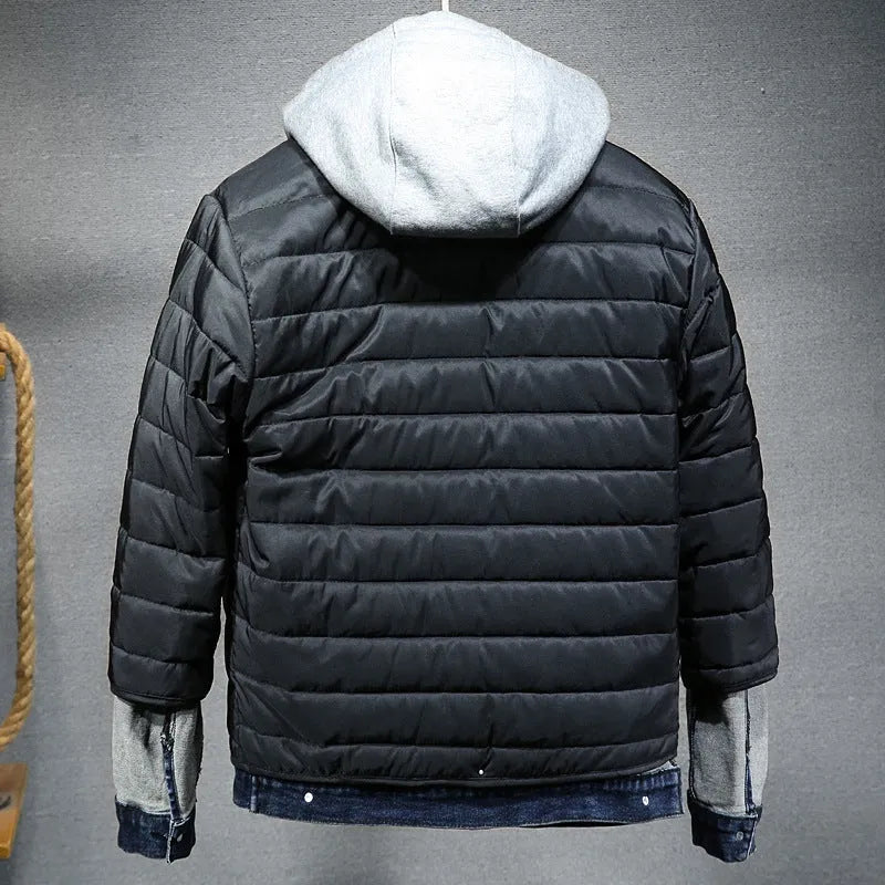 Thick denim jacket for men with hooded collar in black, slim fit, cotton construction