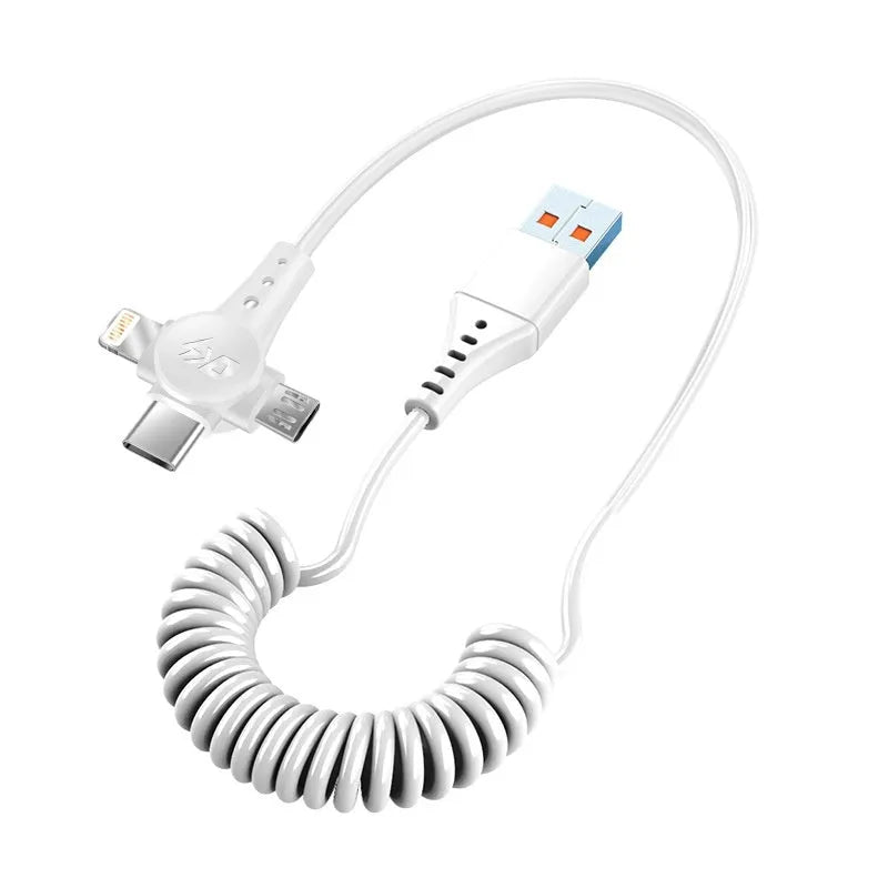 Super fast charge spring telescopic three-in-one data cable 1.5m TPE black with Type-C, Lightning, and Micro USB connectors