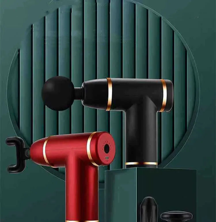 Mini massage gun with 8 speed gears in dark night black colour, compact design with button control