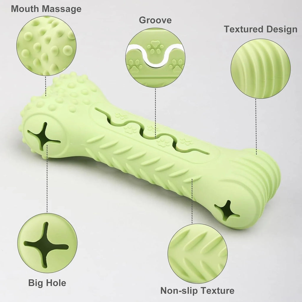 Natural rubber bone-shaped dog chew toy in blue, green and orange colours for aggressive chewers