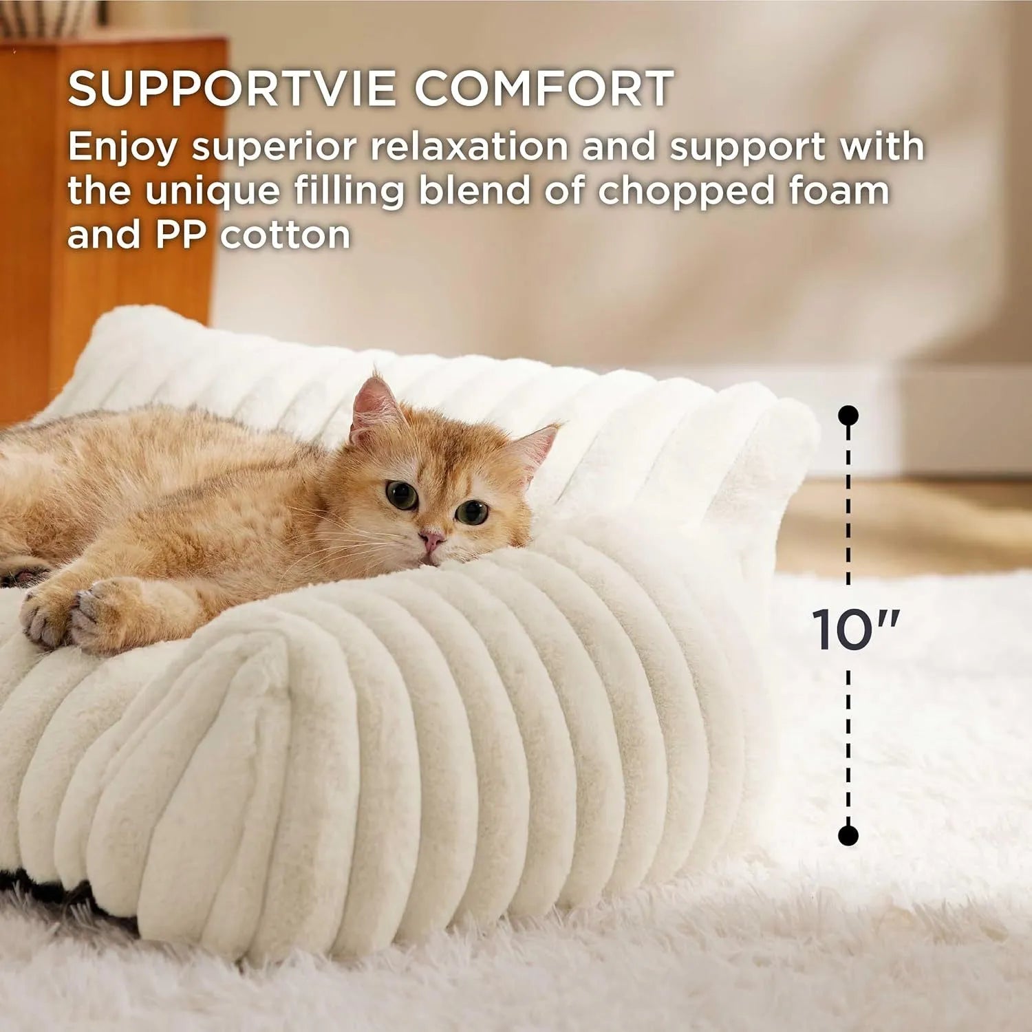 Bedsure fluffy cat couch in beige with corduroy fleece cover and three-sided support design